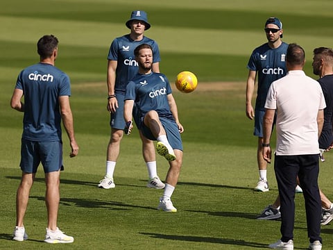 England's Ben Duckett plays football with teammates during a practice session at Edgbaston Cricket Ground, Birmingham, on Thursday.
