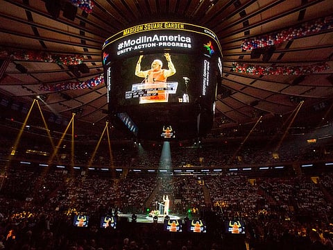 India's Prime Minister Narendra Modi speaks at Madison Square Garden in New York, during his visit to the United States, September 28, 2014. 