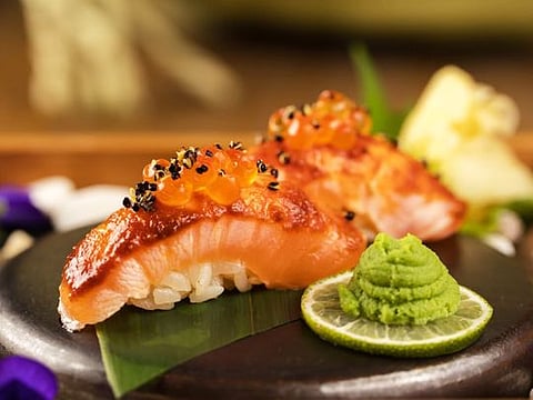 Mizo glazed salmon nigiri with sushi rice 