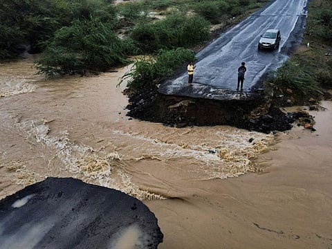 A drone view of a broken bridge, after Cyclone Biparjoy made landfall, along the Naliya-Bhuj highway, in the western state of Gujarat, India, June 16, 2023.  