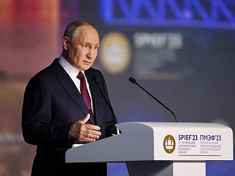 Russian President Vladimir Putin delivers a speech during a session of the St. Petersburg International Economic Forum (SPIEF) in Saint Petersburg, Russia, June 16, 2023.  