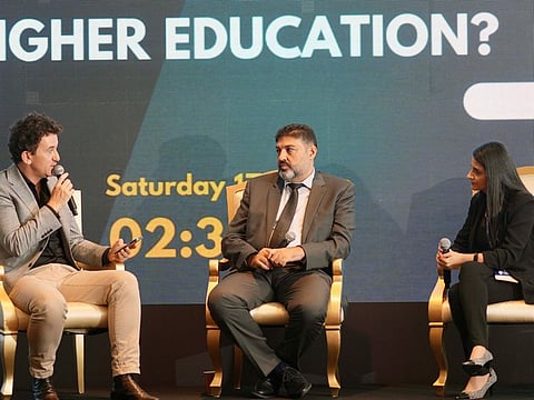 Omar Al Fandi, Associate Dean and Professor at the College of technological innovation at Zayed University and Dr. Khouloud Salameh, Department Chair and Assistant Professor of Computer Science, American University of Ras Al Khaimah, during a panel discussion at Gulf News Edufair 