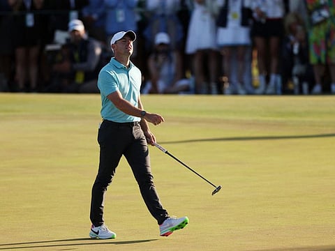 Rory McIlroy of Northern Ireland reacts to his missed putt on the 18th green during the final round of the US Open Championship at The Los Angeles Country Club on Sunday.