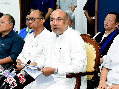 Manipur CM N Biren Singh addresses a press conference, appealing to the people for peace in the strife ridden state, at the Chief Minister’s Secretariat in Imphal on Monday. (ANI Photo)