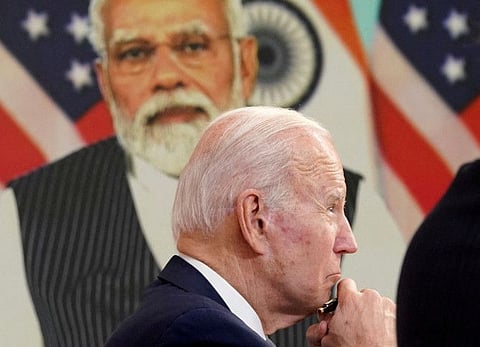 US President Joe Biden holds a virtual meeting with Indian Prime Minister Narendra Modi to discuss Russia's war with Ukraine from the White House in Washington, US, April 11, 2022.