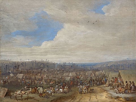 This handout picture made available on June 20, 2023 by the Police of the Canton of Zurich shows "Soldiers in the camp", a master painting by Robert van den Hoecke (mid-17th century). 