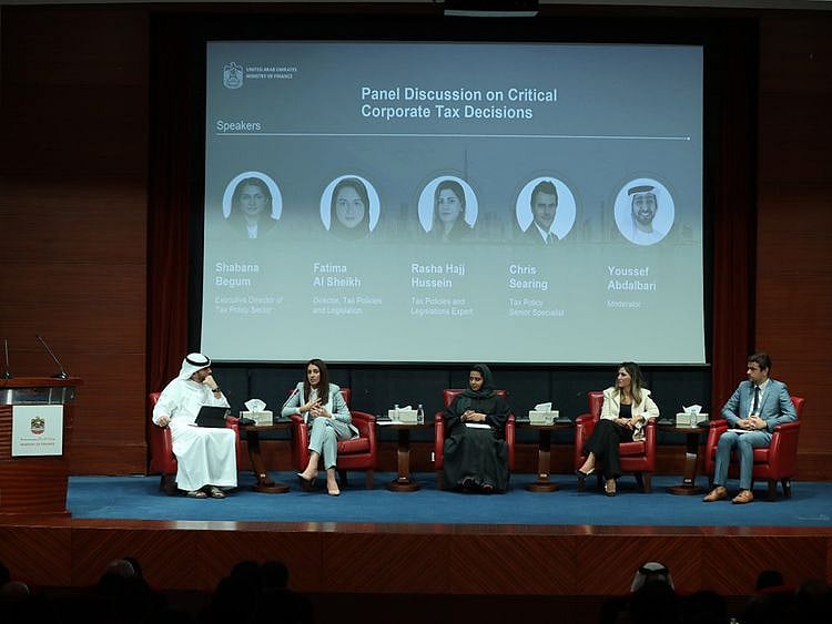 Ministry of Finance experts on tax policies – Shabana Begum, Executive Director of Tax Policy Sector, Fatima AlSheikh, Director of Tax Policies and Legislation, Rasha Hajj Hussein, Tax Policies and Legislation Expert, and Chris Searing, Tax Policy Sector Specialist at a Corporate Tax awareness session in Sharjah.