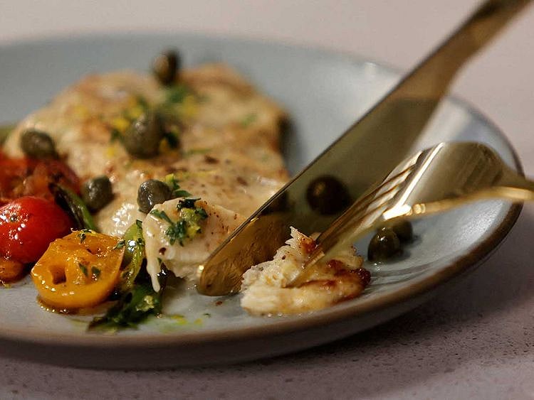 A cooked piece of cultivated chicken breast created at the Upside Foods plant, where lab-grown meat is cultivated, in Emeryville, California.