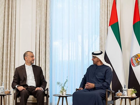 Abu Dhabi: Sheikh Mohamed bin Zayed Al Nahyan, President of the United Arab Emirates (R), meets with Hossein Amir Abdollahian, Minister of Foreign Affairs of Iran (L), at Shati Palace on Thursday.