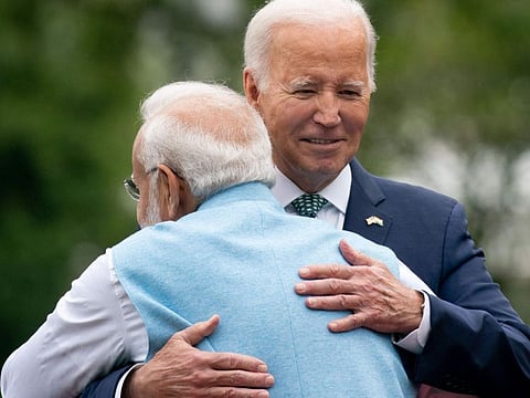 Modi and Biden during a welcome ceremony on the South Lawn of the White House in Washington, DC, on June 22, 2023.  