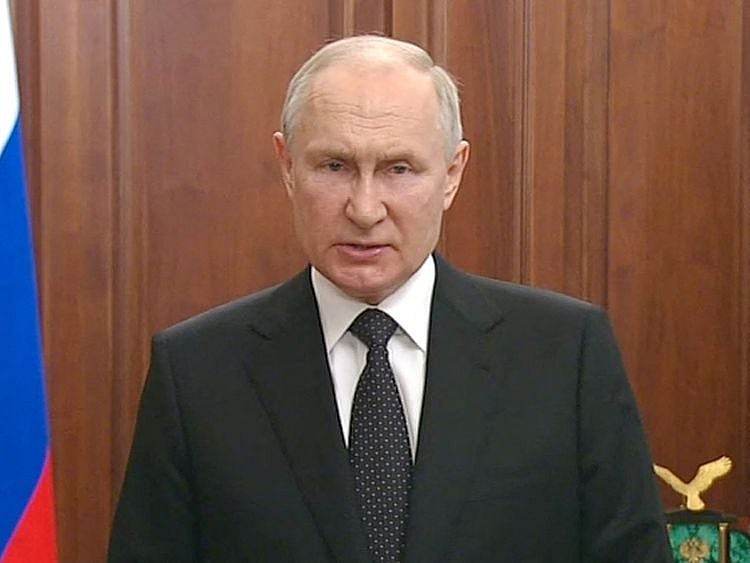 Russian President Vladimir Putin gives a televised address