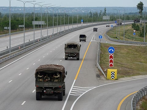 A military column of Wagner private mercenary group drives along M-4 highway, which links the capital Moscow with Russia's southern cities, near Voronezh, Russia, June 24, 2023.  