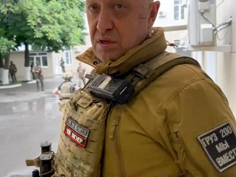 This video grab taken from handout footage posted on June 24, 2023 on the Telegram account of the press service of Concord -- a company linked to the chief of Russian mercenary group Wagner, Yevgeny Prigozhin -- shows Yevgeny Prigozhin speaking inside the headquarters of the Russian southern military district in the city of Rostov-on-Don.  