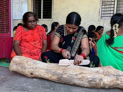 Ghousia Begum (left) oversees the training of women at the Udayagiri craft cluster in Nellore district of Andhra Pradesh. 