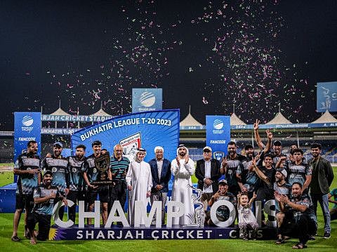 Champions Future Mattress with the Sharjah Cricket officials during the presentation ceremony at the Sharjah Cricket Stadium on Sunday night.