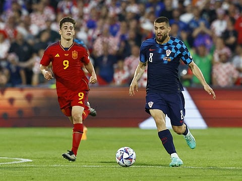 Croatia's Mateo Kovacic in action with Spain's Gavi during the Uefa Nations League Final in Rotterdam on June 18.