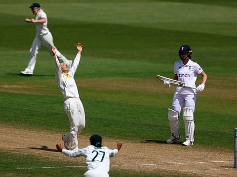 Australia's Ashleigh Gardner celebrates the wicket of England's Danni Wyatt in the first Women's Ashes Test at Trent Bridge, Nottingham on Monday.