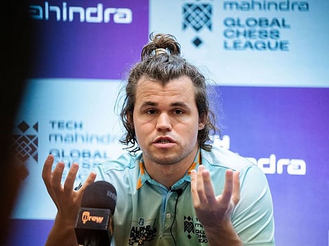Magnus Carlsen, who is in Dubai to take part in the Global Chess League, addresses a press conference.