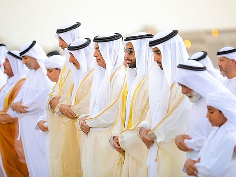 Sheikh Saud performs Eid Al Adha prayer at Khuzam's Eid Grand Musalla