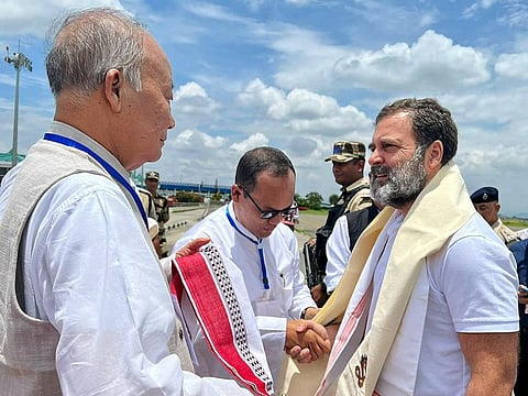 Congress leader Rahul Gandhi being welcomed by former Manipur Chief Minister Okram Ibobi Singh and Party State Chief Keisham Meghachandra Singh upon his arrival at Imphal airport on Thursday.  