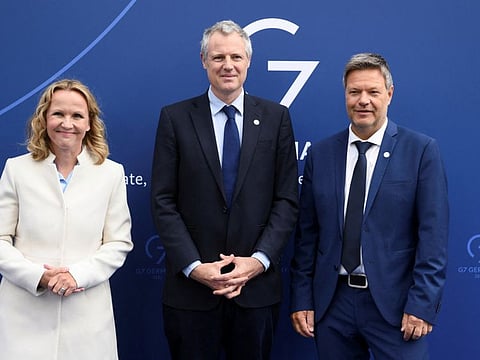 German Minister for Economic Affairs and Climate Action Robert Habeck and Minister for the Environment, Nature Conservation, Nuclear Safety and Consumer Protection Steffi Lemke welcome British Minister of State for the International Environment Zac Goldsmith for the meeting of the G7 Climate, Energy and Environment Ministers during the German G7 Presidency at the EUREF-Campus in Berlin, Germany May 26, 2022. 