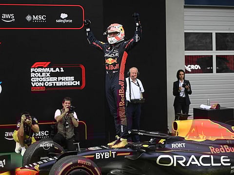 Red Bull Racing's Dutch driver Max Verstappen celebrates after winning the Austrian Grand Prix at the Red Bull race track in Spielberg, Austria on Sunday.