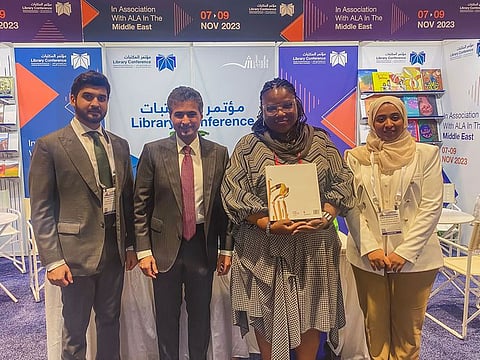 Ahmed bin Rakkad Al Ameri, CEO of SBA (2nd L); Eman Bushlaibi, Director of Sharjah Public Libraries; Mansour Al Hassani, Director of Publisher Services at SBA with Tracie D. Hall Executive Director of ALA 