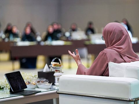 Sheikha Jawaher Al Qasimi addressing the during the annual meeting at Al Jawaher Reception and Convention Centre (JRCC) for the senior leadership, and strategy and quality assurance teams of the 19 entities that fall under her leadership in Sharjah