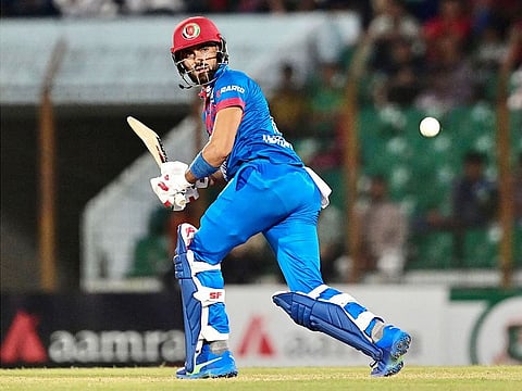 Afghanistan's Ibrahim Zadran plays a shot during the first ODI against Bangladesh at the Zahur Ahmed Chowdhury Stadium in Chittagong on July 5, 2023.  