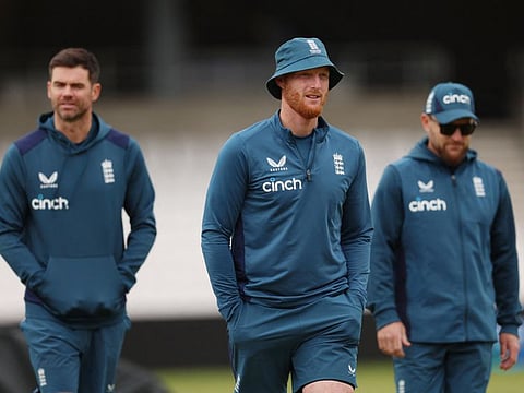 England's Ben Stokes with James Anderson and head coach Brendon McCullum during practice at Headingley Cricket Ground, Leeds on Wednesday.