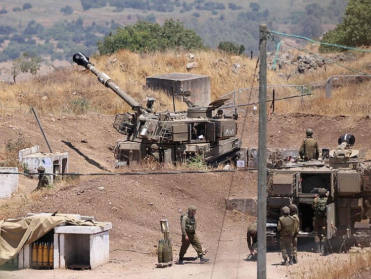 Israeli army tank on the outskirts of Kiryat Shmona near Israel's border with Lebanon on July 6, 2023.   