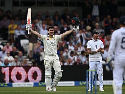 Australia's Mitchell Marsh celebrates reaching his hundred on day one of the third Ashes Test match against England at Headingley ground in Leeds on Thursday.