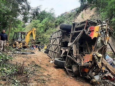 The remains of a bus after it plummeted into a ravine in the outskirts of Magdalena Penasco, Oaxaca state, Mexico on July 5, 2023.  