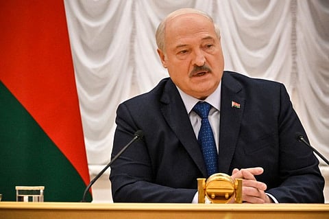 Belarus' President Alexander Lukashenko speaks as he meets with foreign media at his residence, the Independence Palace, in the capital Minsk on July 6, 2023.  