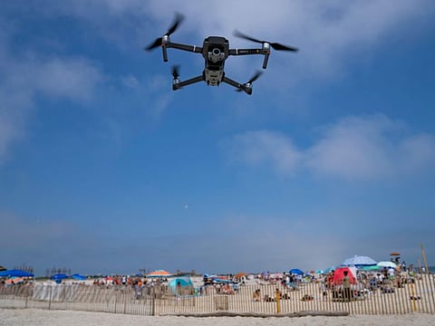A drone is flown in for a landing after a shark patrol flight at Jones Beach State Park, on July 6, 2023, in Wantagh, NY. 