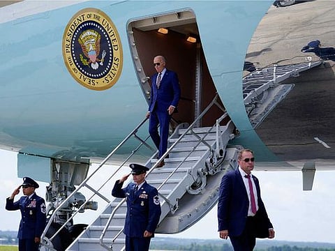 President Joe Biden exits Air Force One as he arrives at Columbia Metropolitan Airport, Thursday, July 6, 2023, in West Columbia, S.C. 
