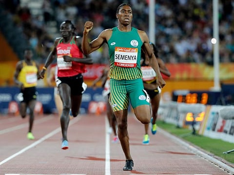 South Africa's Caster Semenya celebrates after winning the woman's 800m final at Carrara Stadium during the 2018 Commonwealth Games on the Gold Coast, Australia.