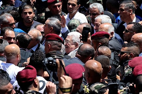 Palestinian President Mahmoud Abbas (centre) arrives in a landmark visit to the Jenin camp on July 12, 2023.