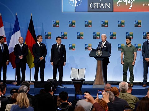 From left: Britain's Prime Minister Rishi Sunak, Germany's Chancellor Olaf Scholz, France's President Emmanuel Macron, Japan's Prime Minster Fumio Kishida, US President Joe Biden, Ukraine's President Volodymyr Zelensky and Canada's Prime Minister Justin Trudeau attend an event to announce a Joint Declaration of Support for Ukraine during the Nato summit, in Vilnius on July 12, 2023.  