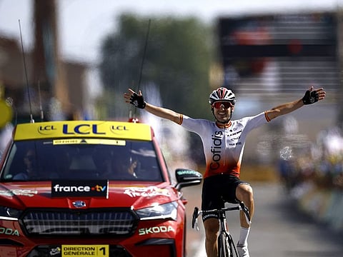 Cofidis' Ion Izagirre Insausti celebrates as he crosses the finish line to win Stage 12 - Roanne to Belleville-En-Beaujolais - of Tour de France on Thursday.