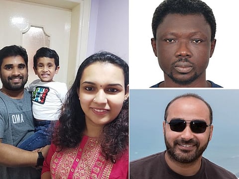 Emirates Draw winners (Clockwise from left): Rakesh Kepparambath with his family, Jacob Kwame Sabbah and Hany Salem.