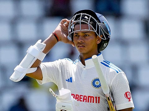 India's Yashasvi Jaiswal departs after a stunning knock of 171 runs in his debut test match during Day 3 of the 1st Test match against West Indies, at Windsor Park Stadium in Roseau.