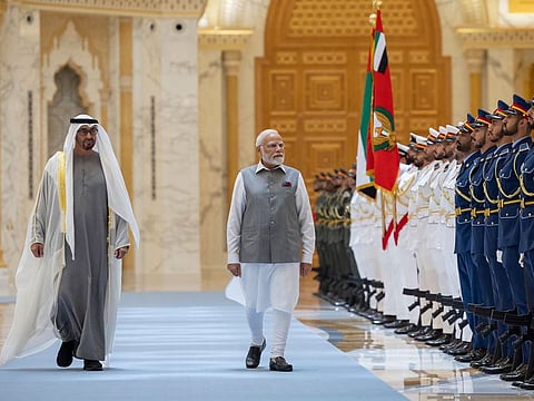 UAE President His Highness Sheikh Mohamed bin Zayed Al Nahyan with Indian Prime Minister Narendra Modi in Abu Dhabi on July 15, 2023