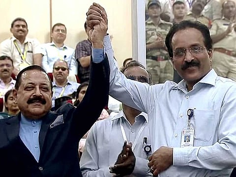 Union Minister of State (Ind. Charge) Science and Technology Jitendra Singh with Indian Space Research Organisation (ISRO) chairman S. Somanath during the launch of the Chandrayaan-3, the third lunar mission, from the Satish Dhawan Space Centre, in Sriharikota on Friday, July 14, 2023. 