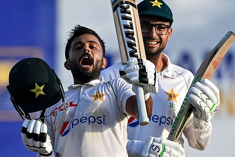 Pakistan's Saud Shakeel celebrates after scoring his double century on the third day of the first Test against Sri Lanka at the Galle International Cricket Stadium on Tuesday.