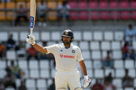 India's Rohit Sharma celebrates his century during day two of the first Test against West Indies in Dominica last week.