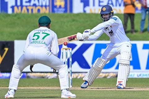 Sri Lanka's Dhananjaya de Silva in action against Pakistan at the Galle International Cricket Stadium in Galle.