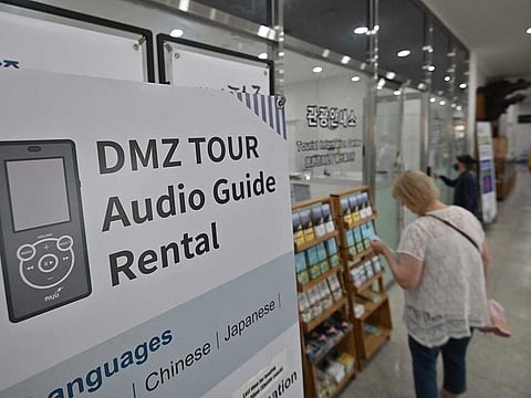 Tourists visit a centre for a tour of the Korean Demilitarized Zone (DMZ) dividing the two Koreas at Imjingak peace park in the border city of Paju on July 19, 2023. 