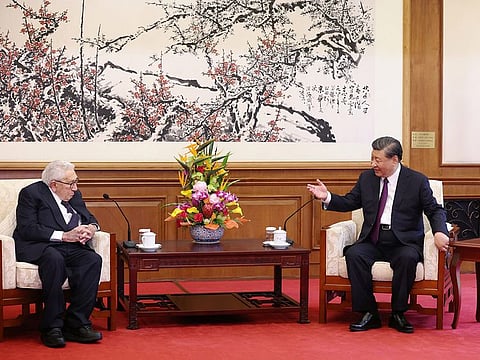  China's President Xi Jinping (right) speaks with former US secretary of state Henry Kissinger during a meeting in Beijing on July 20, 2023.  