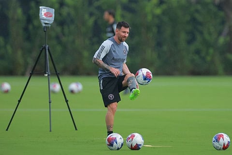 Lionel Messi of Inter Miami CF trains during an Inter Miami training session at Florida Blue Training Center in Fort Lauderdale, Florida on Thursday.